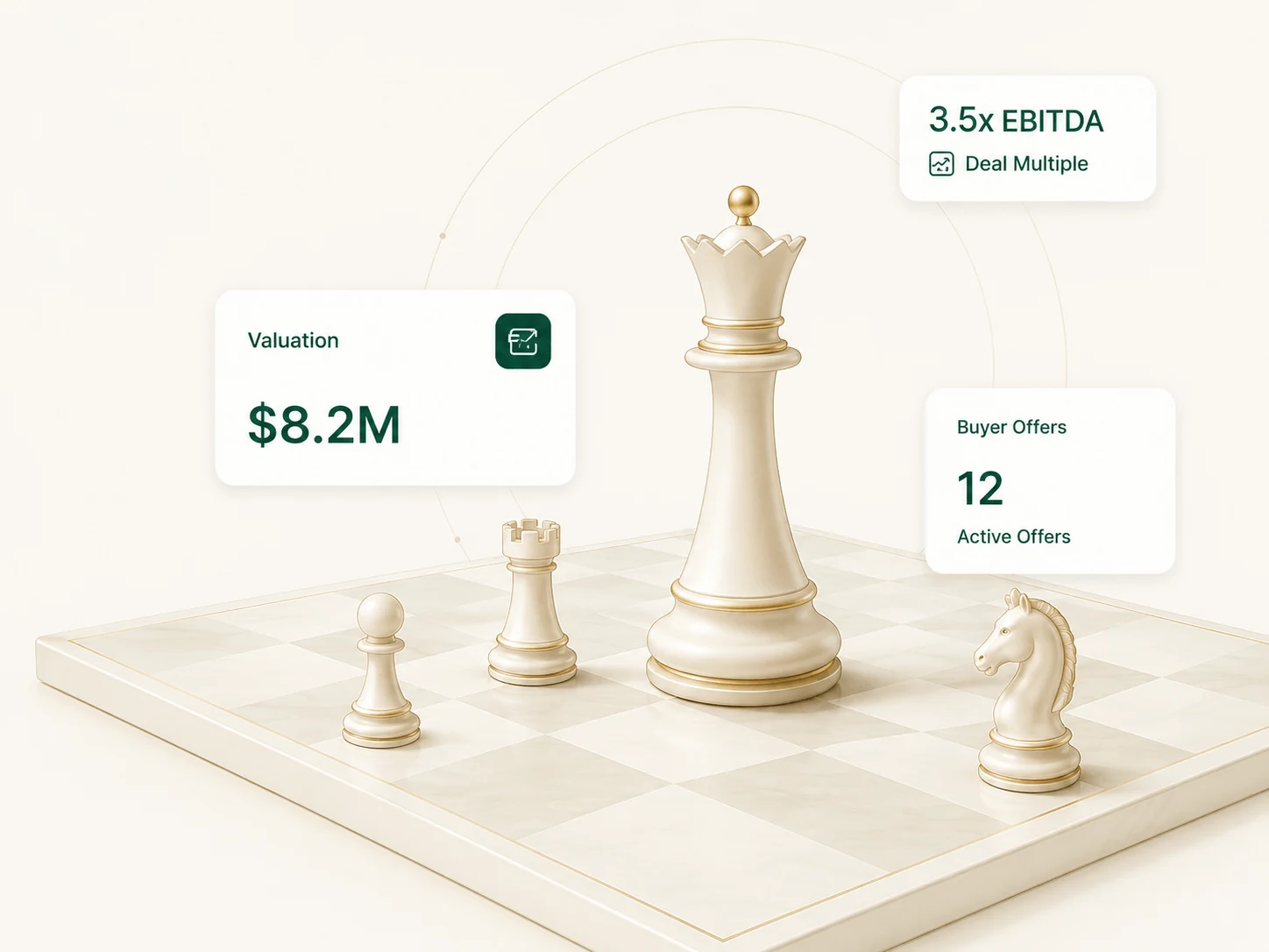 Chess pieces with deal valuation, EBITDA multiple and buyer offer stats