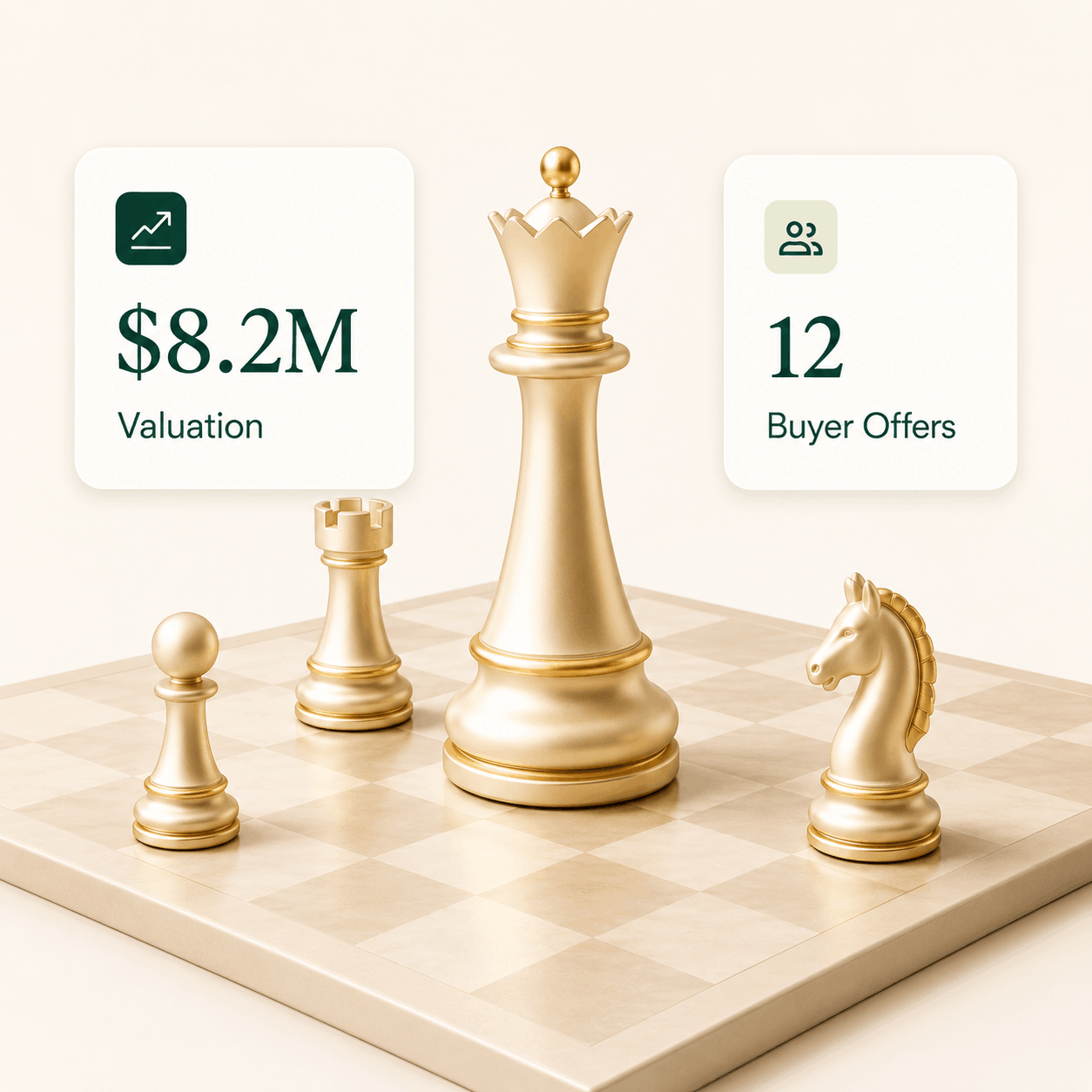 Chess pieces with deal valuation, EBITDA multiple and buyer offer stats